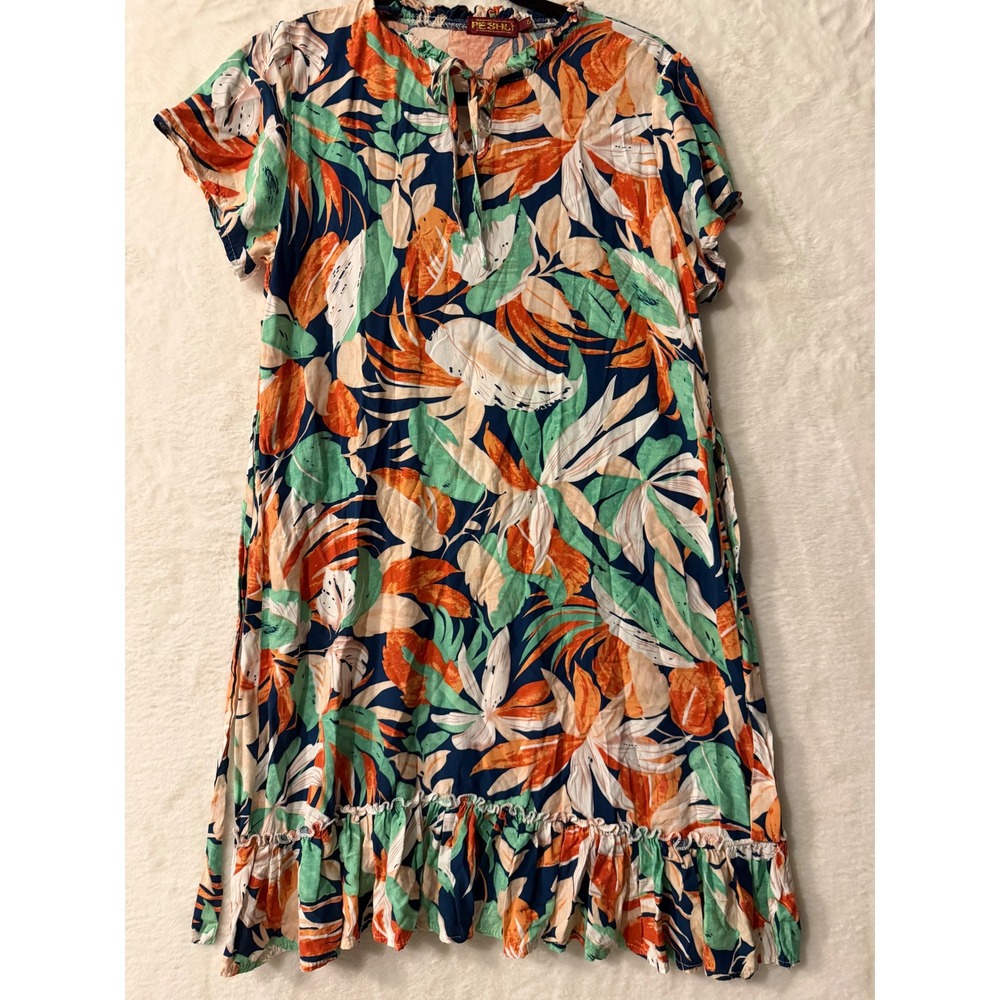 Peshu Tropical Floral‎ Print Ruffle Hem Mini Dress Orange Green Navy Small